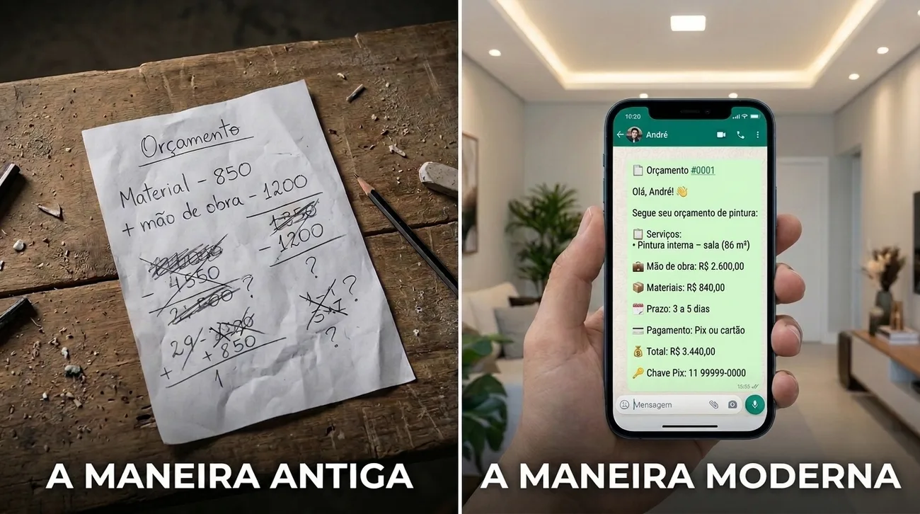 Orçamento riscado no papel versus orçamento profissional no WhatsApp