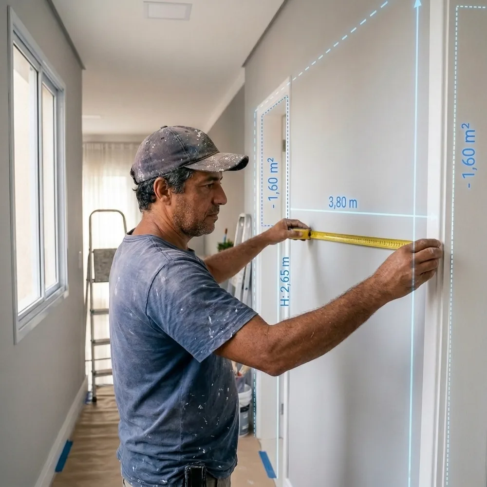 Pintor medindo a parede com trena, com a área calculada em m²