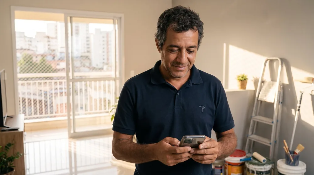 Pintor usando o celular dentro de um apartamento em obra